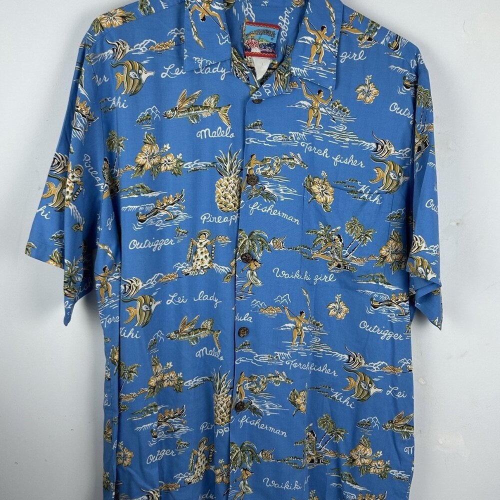 Joe Kealuha's, The Genuine Hawaiian Shirt Xl Blue Fishing Lei Lady Pineapple